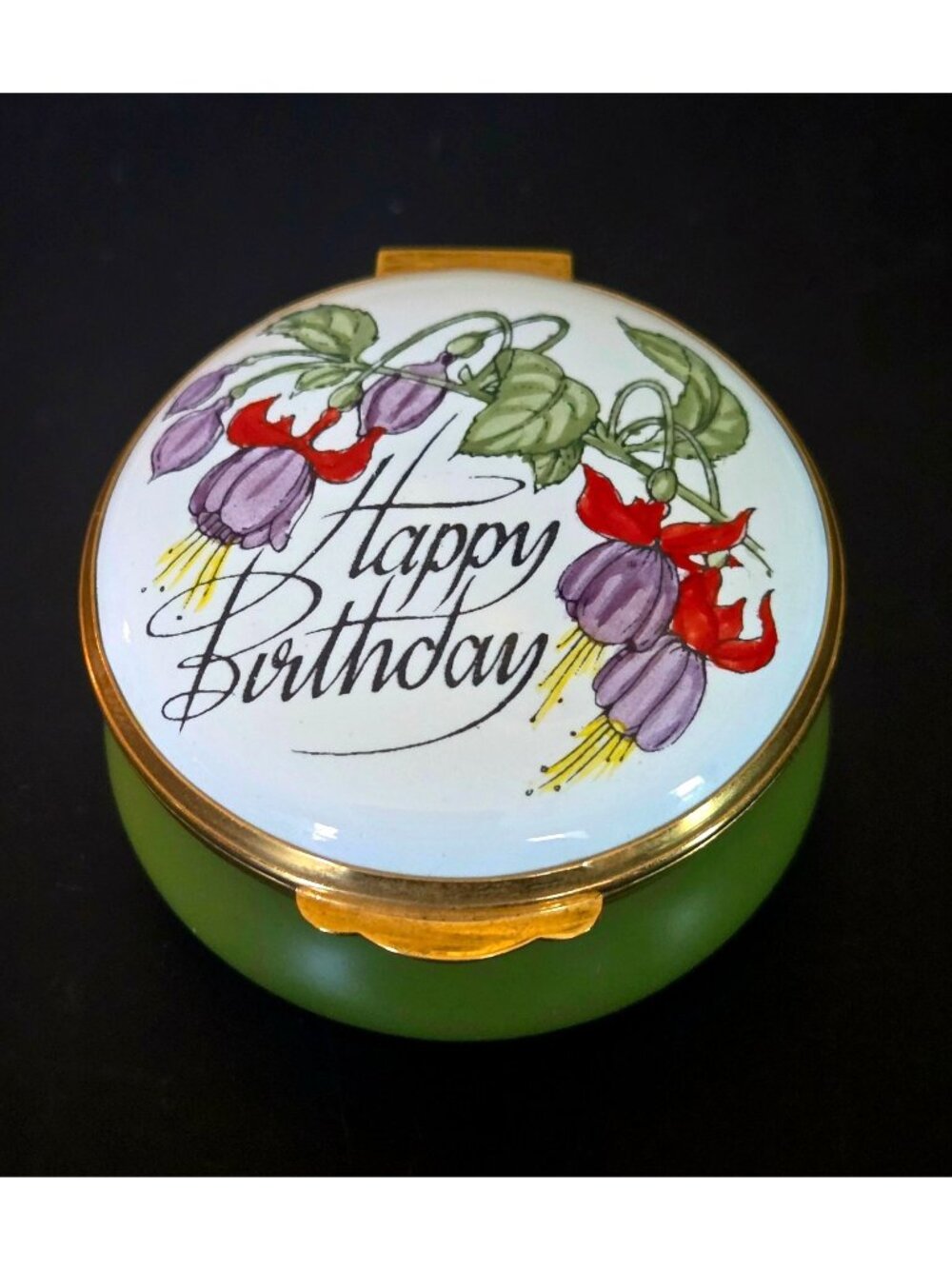 Crummles Red Green Floral Round Trinket Box Brass Enamel, England